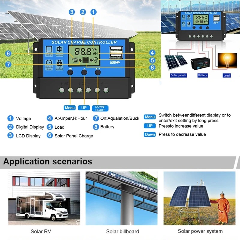 Precio de fábrica, servicio OEM, controlador de carga solar de 12V 24V, controlador solar 10a 20a 30a 40a 50a 60a, controlador de cargador solar pwm