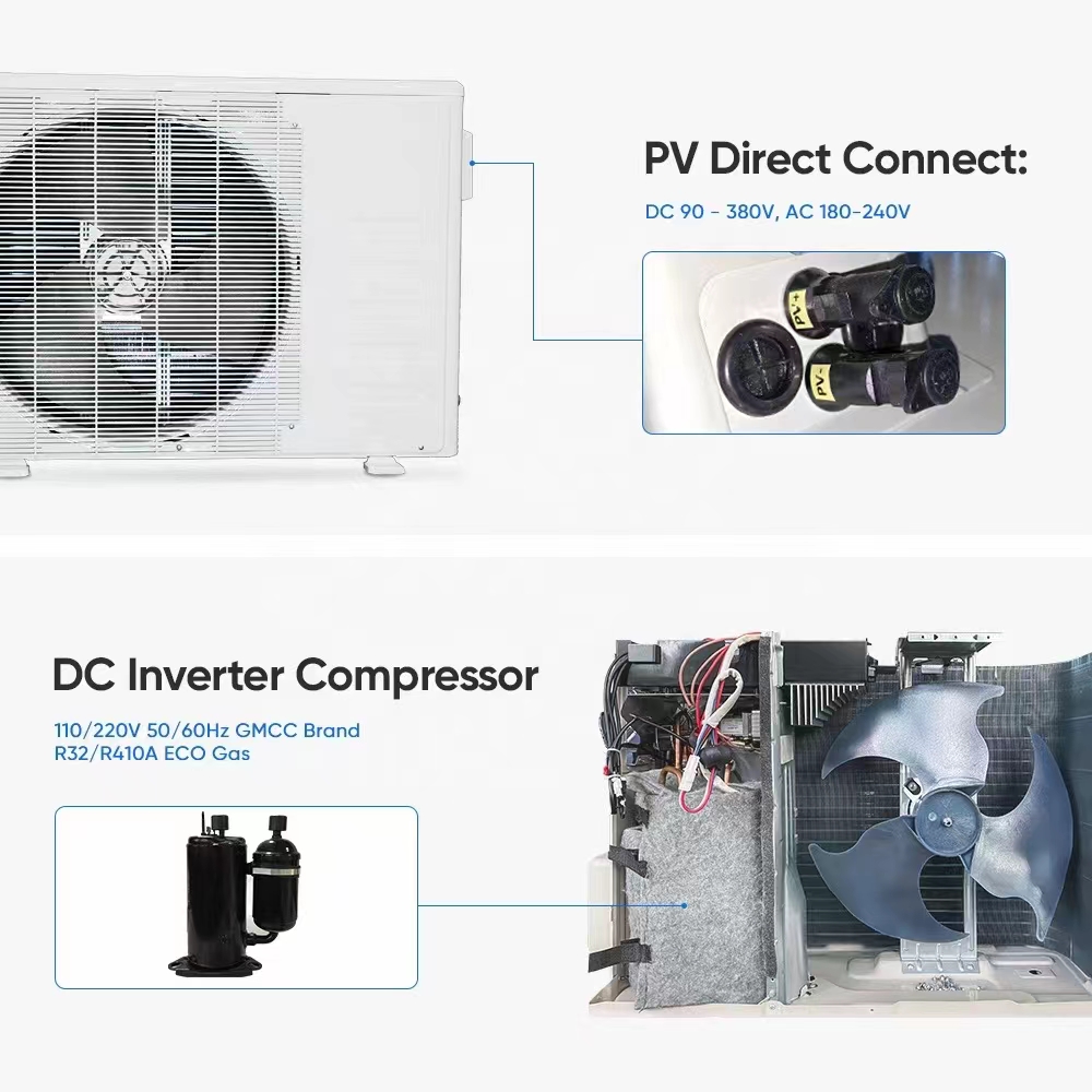 Sistema completo de aire acondicionado solar 24000BTU DC48V Aire acondicionado solar fuera de la red Aire acondicionado de energía solar híbrido Aire acondicionado dividido montado en la pared